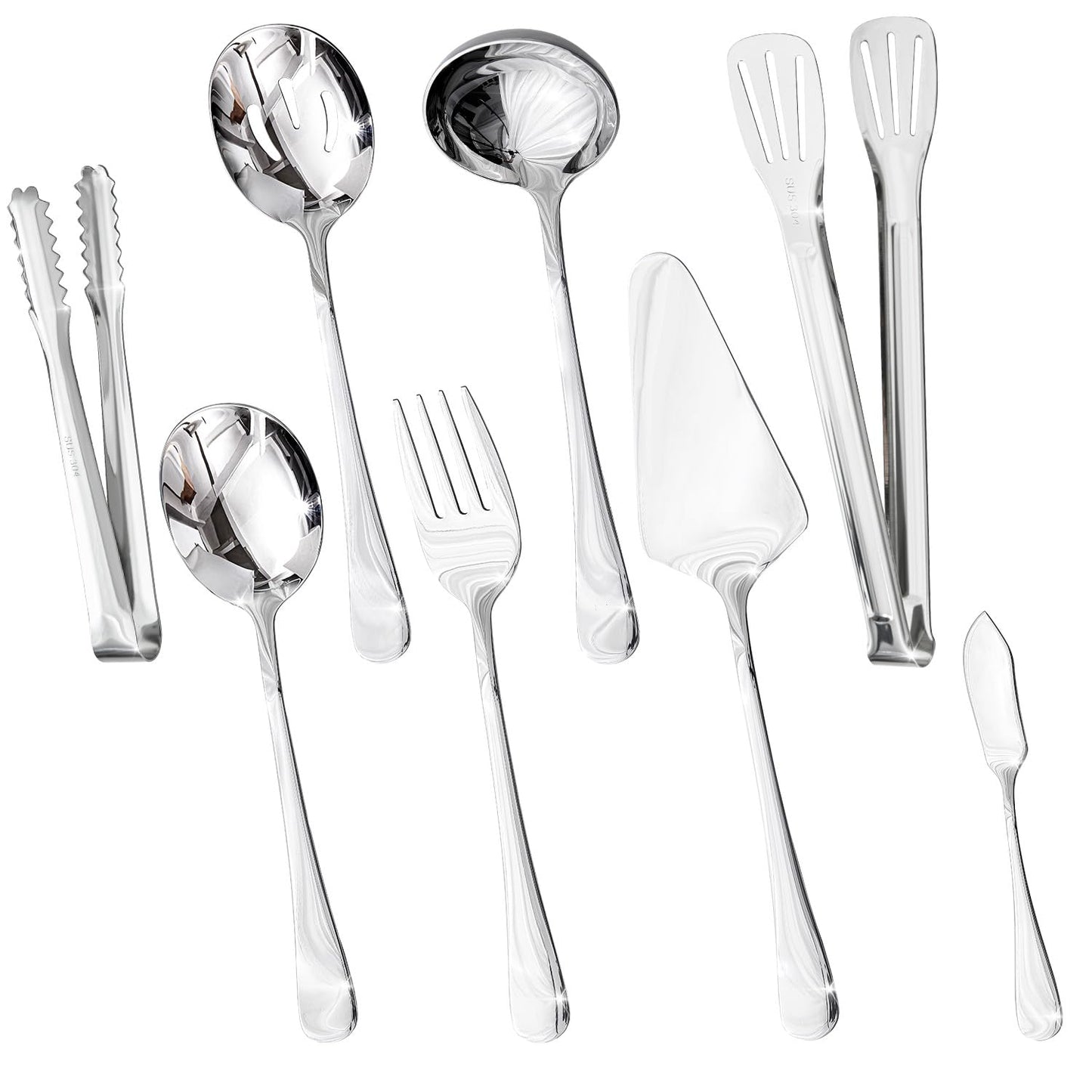 HIKAA 8PCS Serving Utensils Set, 18/10 Modern Serving Utensils Set for Kitchen, Stainless Steel Serving Utensils, Slotted Spoons, Forks, Tongs, Cake Server, Butter Knife for Buffet, Catering, Wedding