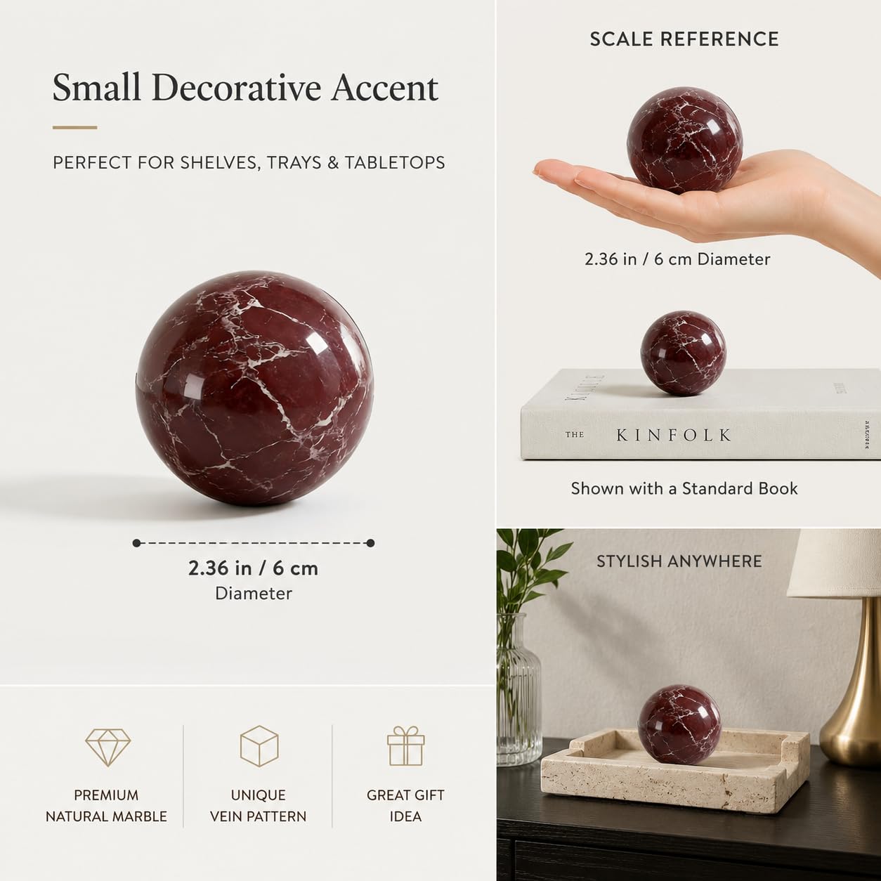 SIRIZEN-DIVING Rosa Levanto Natural Marble Decorative Sphere, Small Solid Stone Ball Accent for Shelf, Tray, Dresser and Tabletop Decor, 6cm Diameter