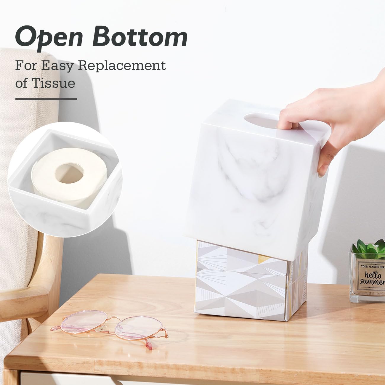 Luxspire Resin Paper Tissue Box Cover Holder, Square Facial Tissue Case, Pumping Paper Roll Toilet Paper Holder Napkin Dispenser for Office Bedroom Car Bathroom Vanity Accessories Decor, Marble White
