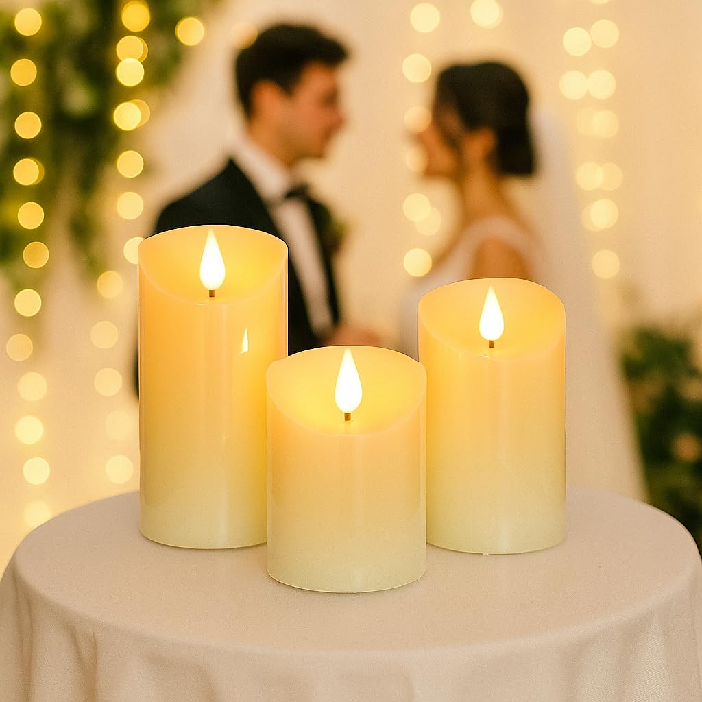 Lezonic Rechargeable Flickering Flameless Candles Battery Operated with Remote and Timer, Pack of 3(D 3'' X H 4''5''6'') Long Lasting Ivory White Real Wax LED USB Pillar Candles
