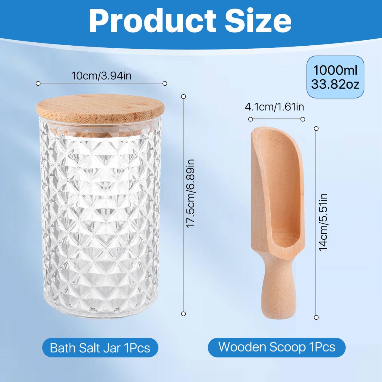Worldity 1000ML/33OZ Acrylic Bath Salt Container, Anti-shatter Bath Salt Jars with Airtight Lids & Wooden Scoop, Acrylic Jars with Lids for Coffee, Sugar, Cookie, Bath Tub Accessories for Women