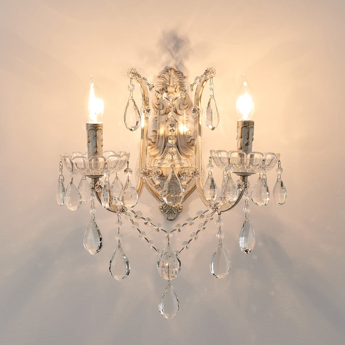 YLONG-ZS French Country Crystal Wall Sconce, 2-Light Distressed White Gold Candle Style with Teardrop Crystals, Hardwired Indoor Decor for Bedroom Bathroom Vanity, E12 Base