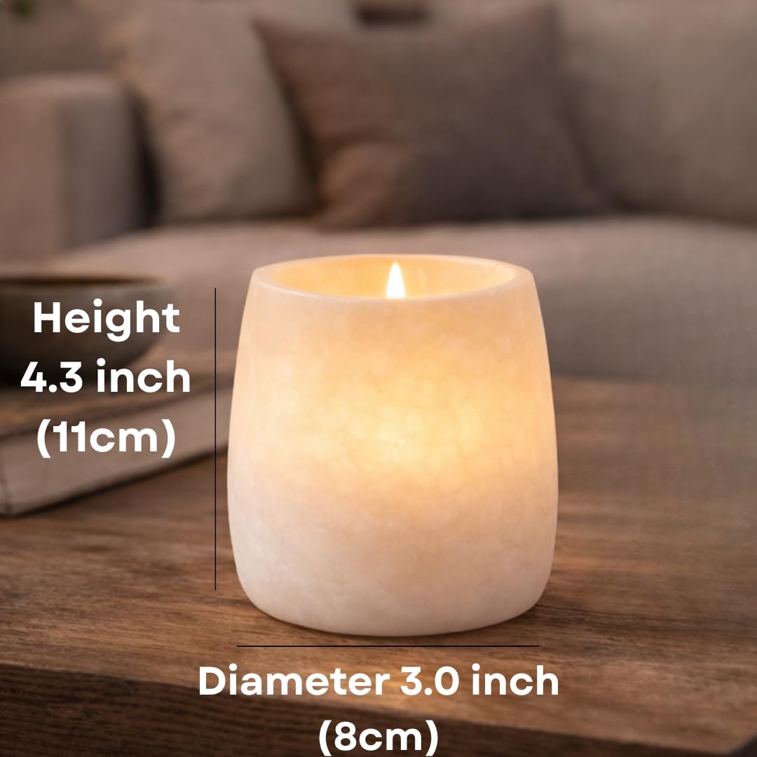 Single White Alabaster Candle Holder - Egyptian Tealight and Votive Candles Holders with Amber Glow for Home Décor - Natural Stone Soothing Tranquil