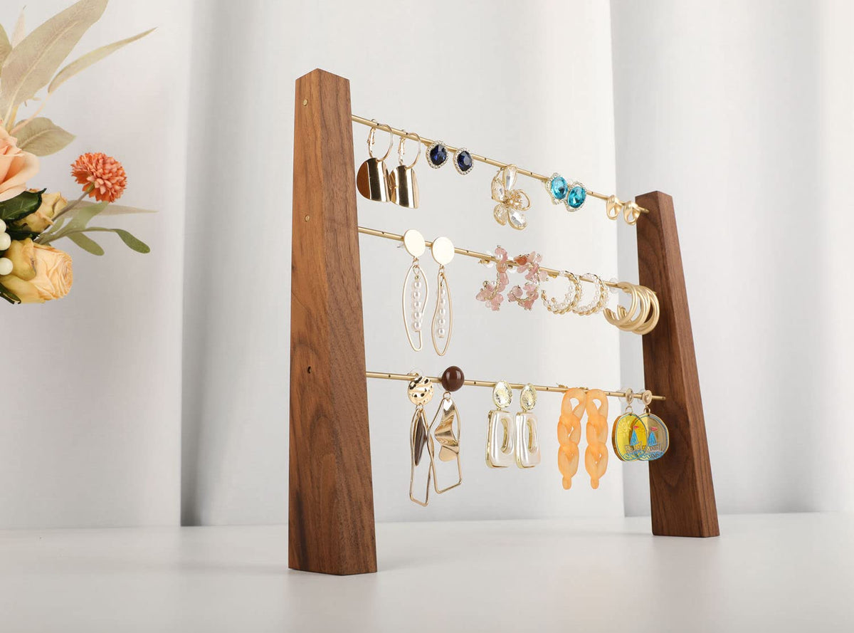 GemeShou 3 Tiers Walnut Earring display stands for selling, Wooden Jewelry Shelf, Earring Storage Organizer, Brass earring holders with 42 holes for stud Dangle Hoop【Walnut 3-Tier Height 9.45"】