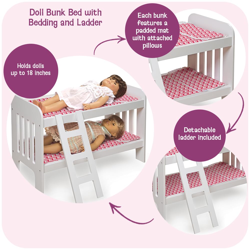 Badger Basket Chevron Doll Bunk Bed with Bedding, Ladder, and Padded Mats – Ideal for Dolls Up to 20 Inches in White and Pink