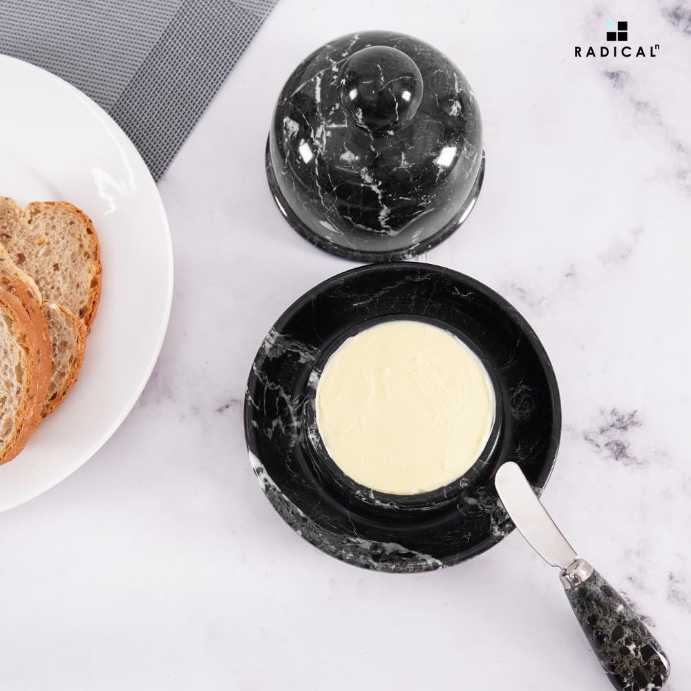 Radicaln Marble Butter Dish With Lid For Countertop 6" Inches Black Zebra Handmade Butter Spreader For Kitchen Accessories, Ideal Butter Crock for Butter & French Butter Holder