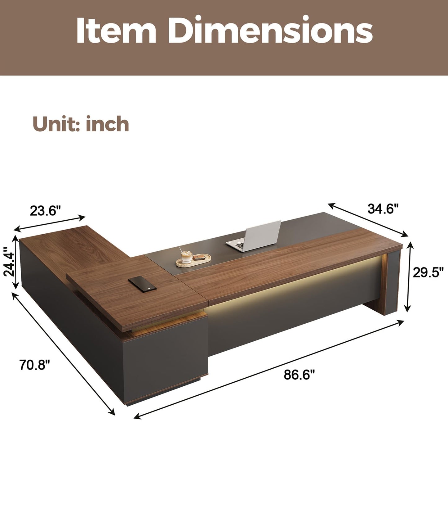 87" Reversible L-Shaped Executive Desk with Drawers – Luxury Office Computer Desk with Open Shelves, LED Lighting, Built-in Outlet & USB Ports for Home Office, Corporate, School (87"W x 71"D x 30"H)