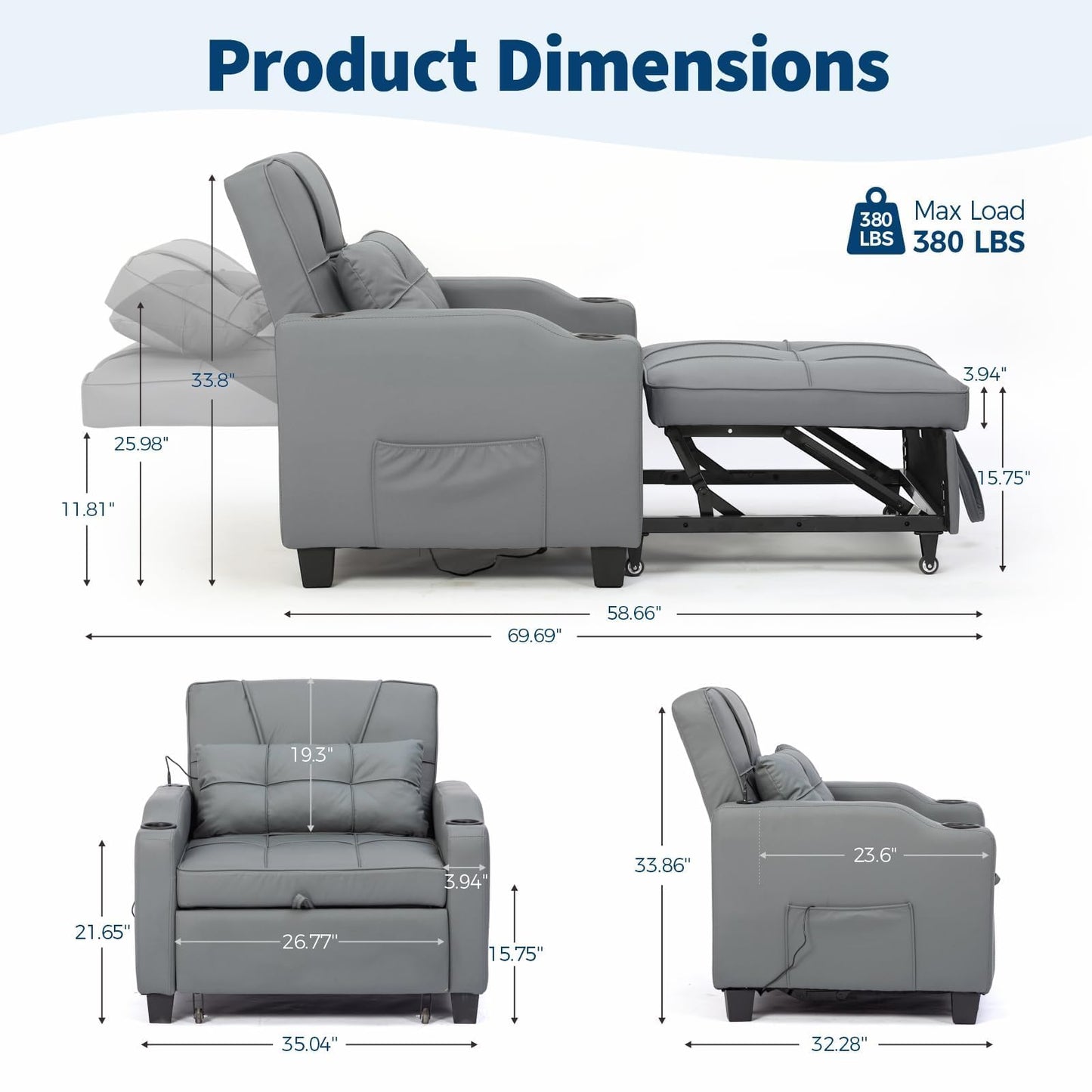 4 in 1 Convertible Sleeper Chair Bed with Vibration Massage Lumbar Pillow, Single Sofa Recliner Featuring USB/Type-C Port, Cup Holders & Side Pocket, Space-Saving Pull Out Bed for Small Spaces, Grey