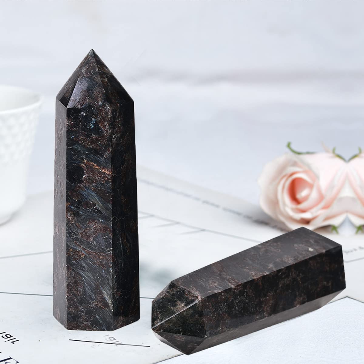 MOGEMT Astrophyllite Obelisk Large Crystal Tower Black Firework Quartz Stone 6 Faceted Single Point Wand Reiki Healing 2.0-2.5 LBS