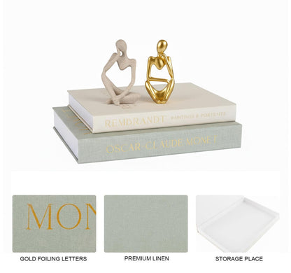 4 Pcs Decorative Books & Thinker StatueSet - Linen Boxes & Resin Sculptures Enhance Your Coffee Table, Bookshelf or Mantle Decor - Living or Entryway Home Decoration Aesthetic, Photo/Keepsake Storage