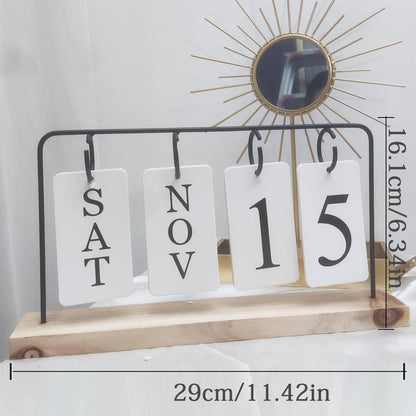 Wooden Perpetual Calendar for Desk, Metal Wood Month Date Display for Teachers, Students, Classroom, Rustic Farmhouse Office Decor, Desk Accessories (black)