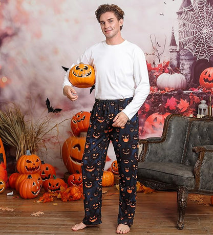 Mens Halloween Pjs Pants Men's Smile Pumpkin Pajama Bottoms Man Elastic Waist Cozy Sleeping Wear Outfits Male Black Orange Lounging with Drawstring for Holiday