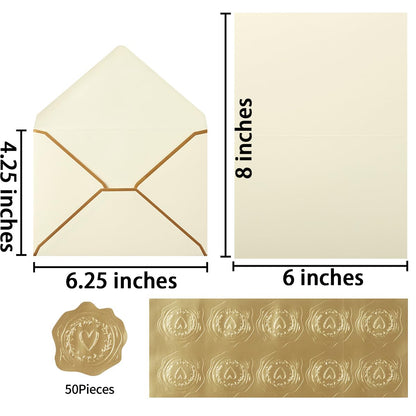 50 Pack A4 Envelopes with 4x6 Folded Cards and Gold Stickers, 4x6 Gold Envelopes for Office, Wedding, Invitations, Graduation, Baby Shower (Cream Color, 4x6)