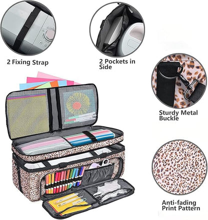 IMAGINING Carrying Case for Cricut Maker, Double-Layer Bag Machine with Cover and Cutting Mat Pocket Compatible Explore Air, Organization Storage Bags, Accessories, Leopard