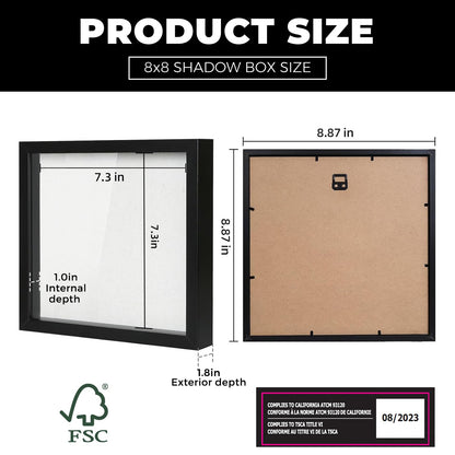 Muzilife 8x8 Shadow Box Picture Frame with Linen Board - Deep Wood & Glass Display Case Ready to Hang Memory Box Baby Sports Memorabilia, Pins, Awards, Medals, Wedding, Tickets and Photos (Black)