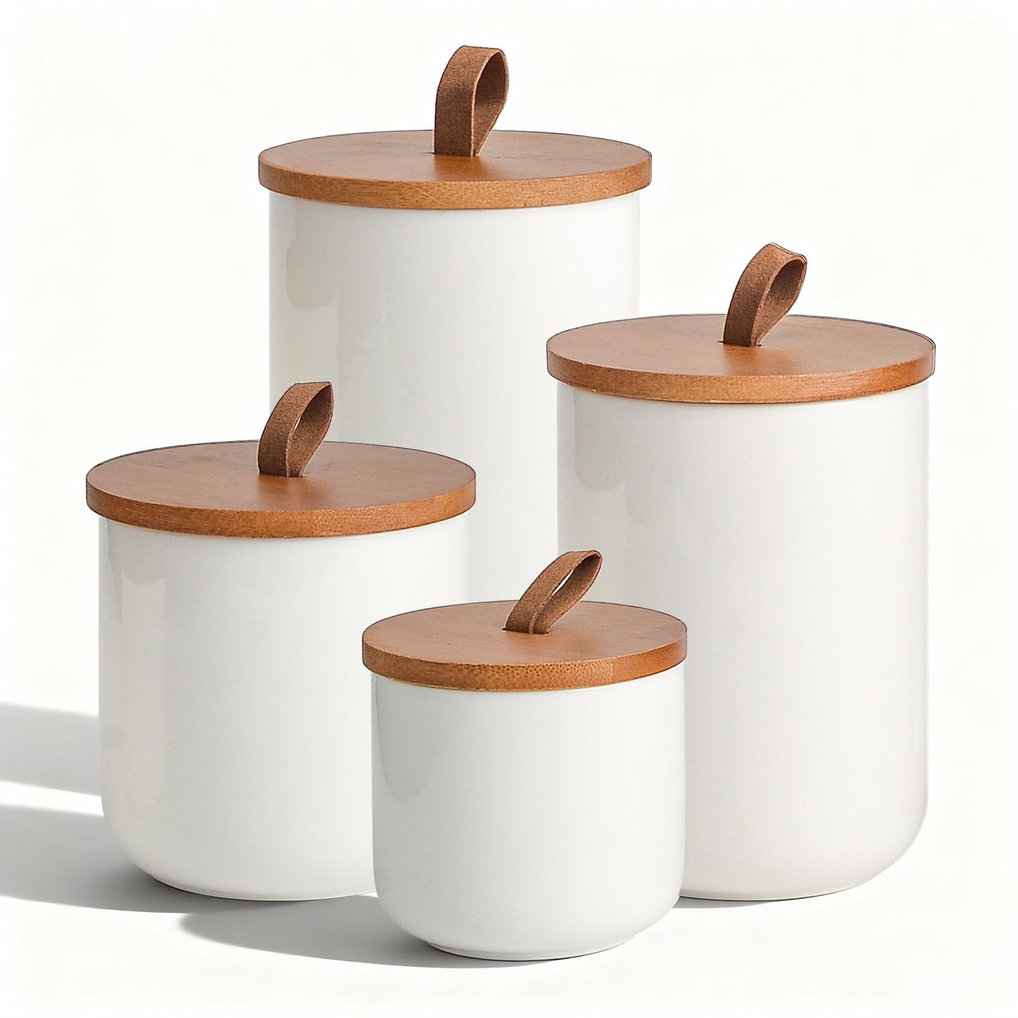 CoorFormer White Ceramic Canister Set with Bamboo Lids, 4-Piece Airtight Food Storage Jars for Kitchen – Flour, Sugar, Coffee, Tea, Spice – Smaller, Small, Medium, Large Sizes