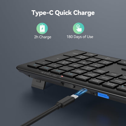 TECKNET Wireless Keyboard, Rechargeable 2.4GHz USB Bluetooth Keyboard for 4 Multi Devices, Ultra Slim Full Size UK Layout Keyboards for Computer, Laptop, Tablet, Desktop, Phone (Black)