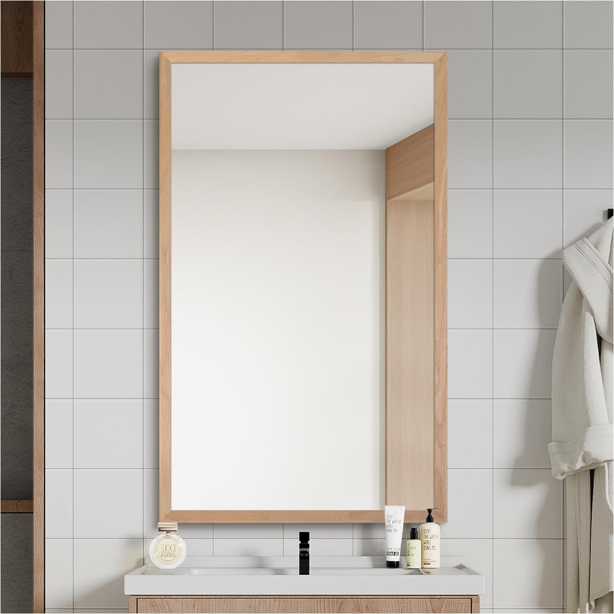 SIEANE 30" x 36" Natural Wood Framed Wall Mirror, HD Rustic Wooden Bathroom Vanity Mirror, Shatterproof, Waterproof, Rectangle Decor Farmhouse, Bedroom, Entryway, Horizontal/Vertical