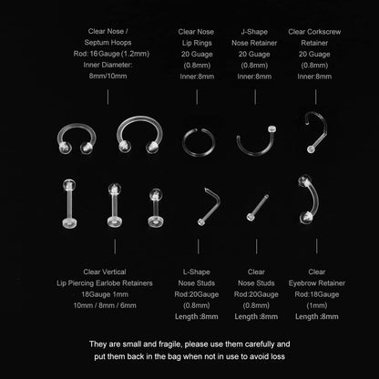 MixPiercing 48Pcs Clear Piercing Retainers Jewellery Plastic Nose Tongue Nipple Belly Bars Eyebrow Lip Labret Stud Septum Hoops Cartilage Industrial Tragus Earring Retainer For Surgery Mri