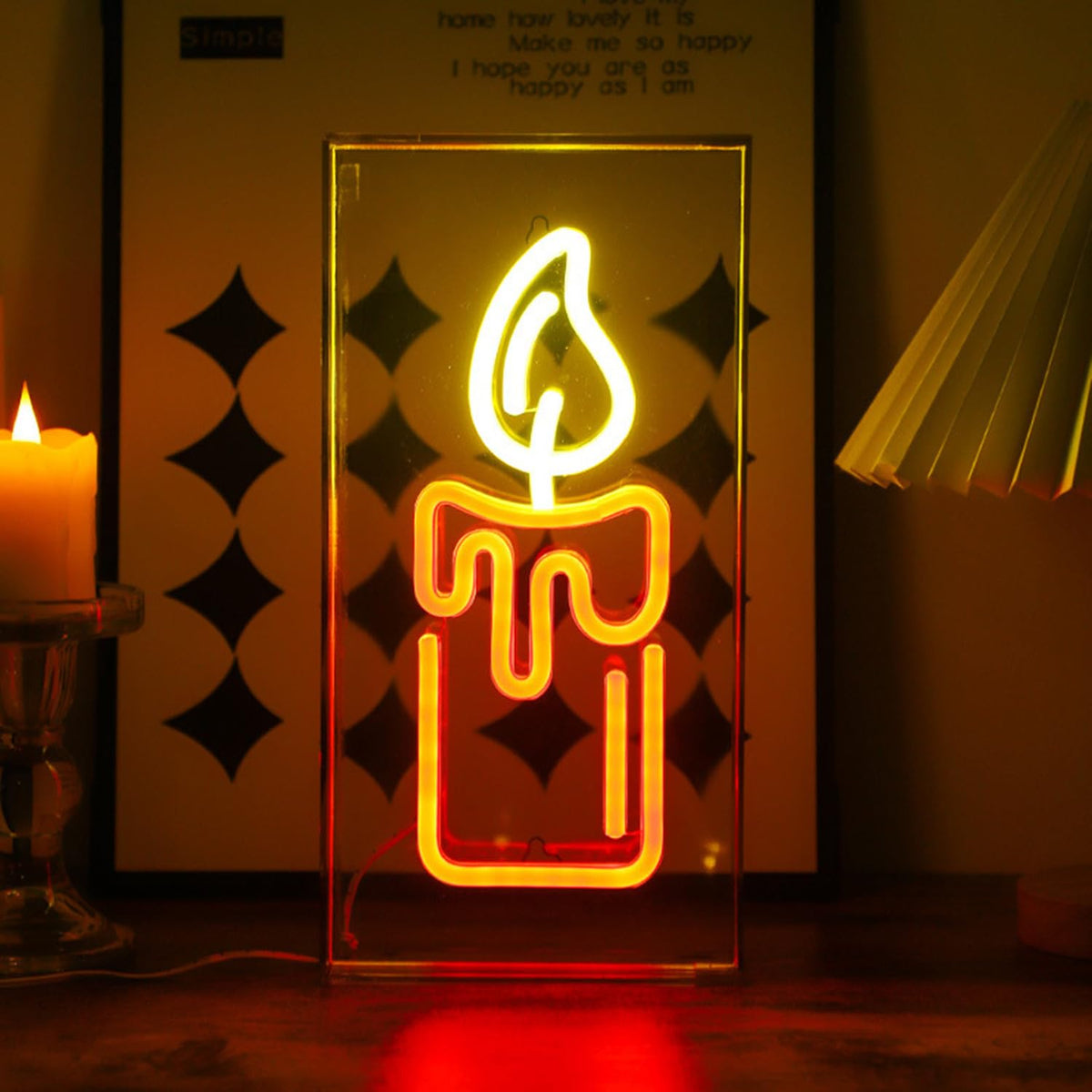 Candle Flame Neon Lights Sign 3D Desktop Standable Flame Lightbox for Wall Decor,USB Powered Candle Fire Neon Sign for Kids Boys Room, Party, Bar, Birthday Decorations