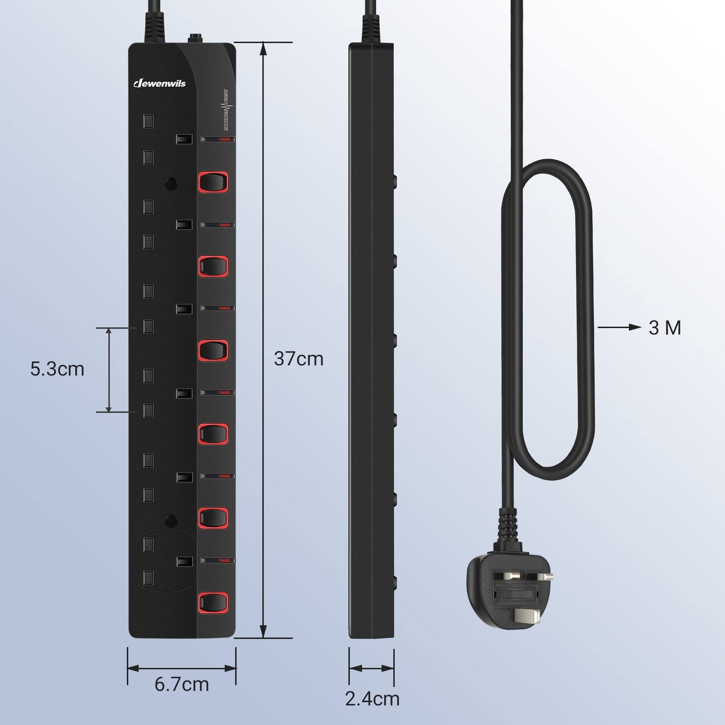 DEWENWILS 6 Way Surge Protected Extension Lead with Individual Switches and Indicator Lights, Extension Cable 3M, 13Amp 6Gang Power Strip Lead, Black