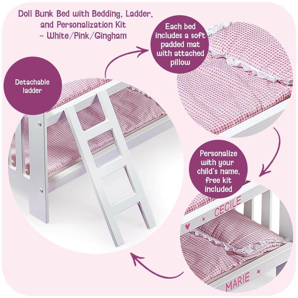 Badger Basket Doll Bunk Bed with Bedding & Ladder - Two Level Wooden Bed for Dolls, Includes Bedding & Accessories- White/Pink Gingham