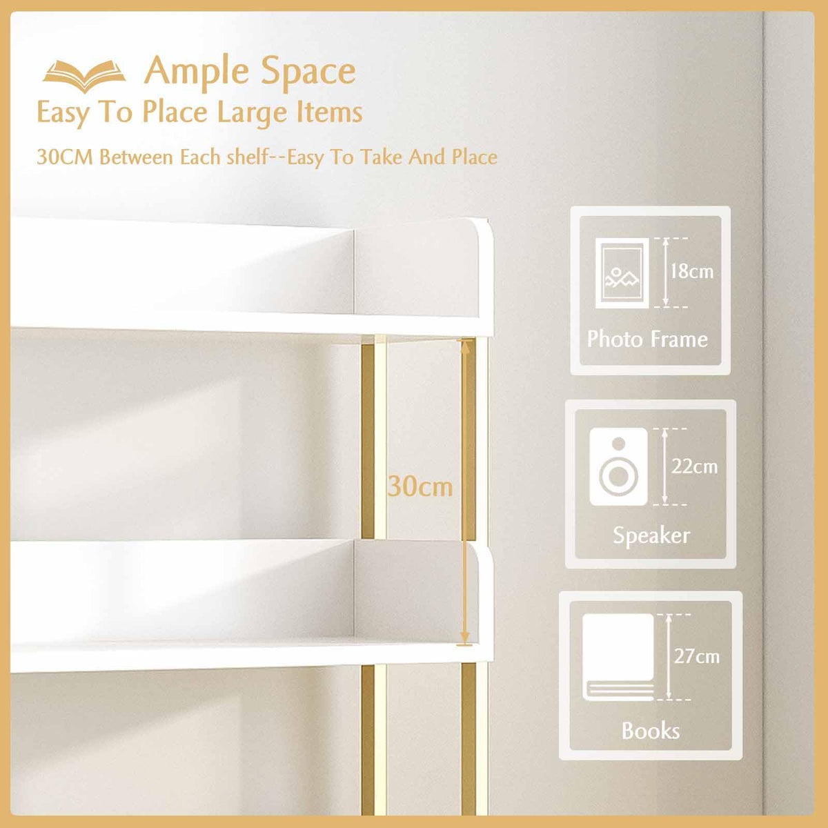 OSCHF Wide Open Shelf Bookcase - Modern 3-Tier Floor Standing Display Bookshelf with Three-Side Panels for Home and Office, Storage Shelving in Warm White with Gold Frame