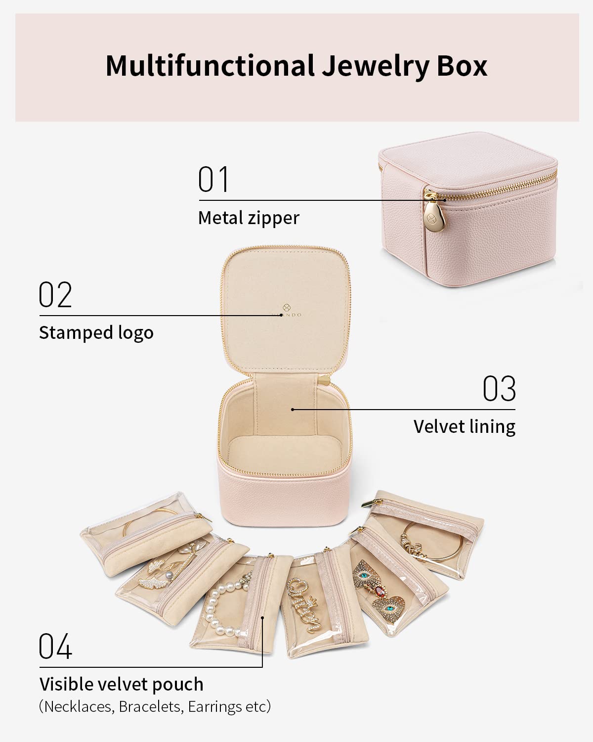 Vlando Travel Jewelry Case,Jewelry Organizer with 6 zipper velvet Jewelry bags for Women Girl,Wedding Birthday Gift Ideas for Women Earrings Rings Storage Gift Box Packaging Pink