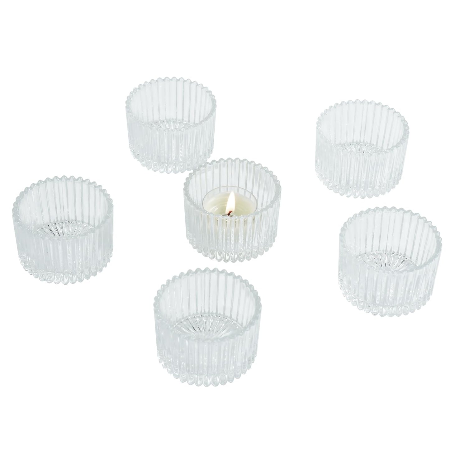 Jollyhilan 6 Pack Glass Candle Holder,Round Glass Candle Tray Ribbed Tealight Holders for Votives, Floating Candles Table Centerpieces Wedding Home Decor,Clear