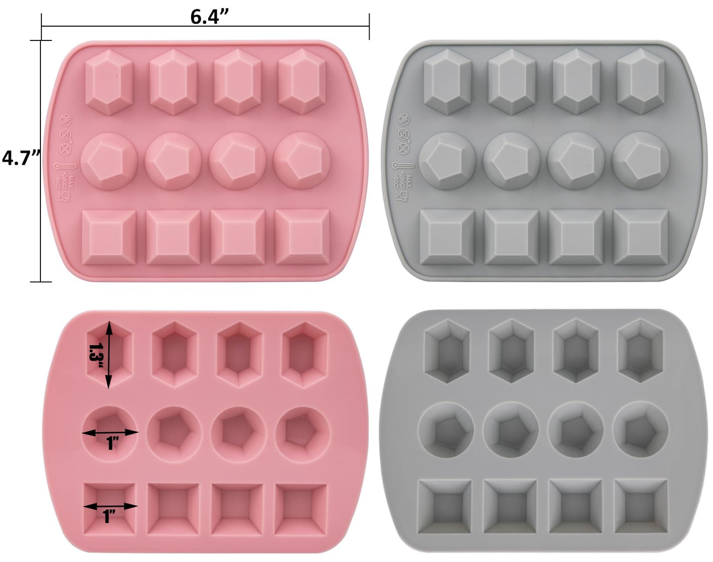 Nicunom 6 Pack Silicone Gem Shapes Candy Molds, 12 Cavity Diamond Cube Tray for Making Jelly, Candy, Chocolate, Cake Decorating, Ice Molds, Soap, Crafting