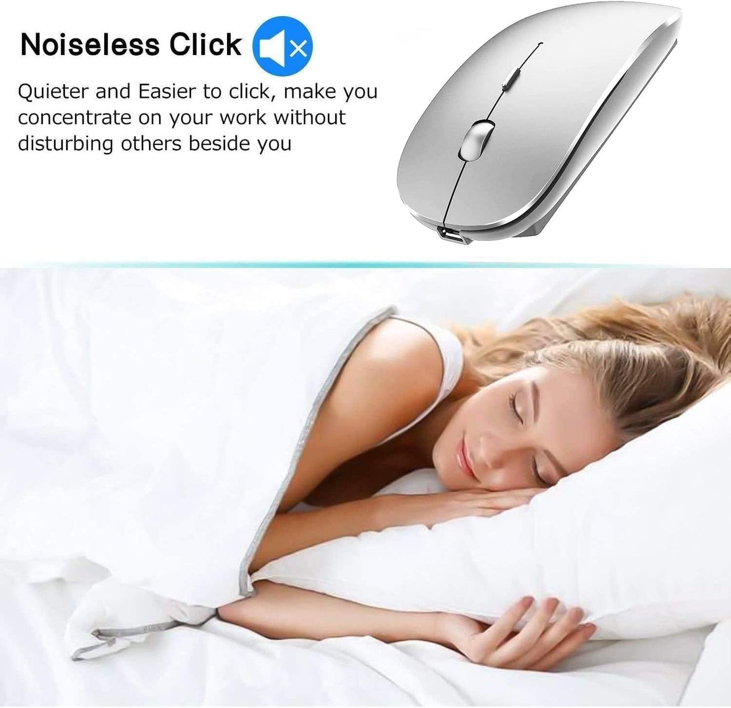 Wireless Bluetooth Mouse for MacBook Pro/Air/Mac/iPad/Laptop/Desktop/Mac/PC/Computer/Phone-Portable Slim Silent Office Mice with USB-C Adapter 2.4 GHz USB Mice (WhiteSilver)