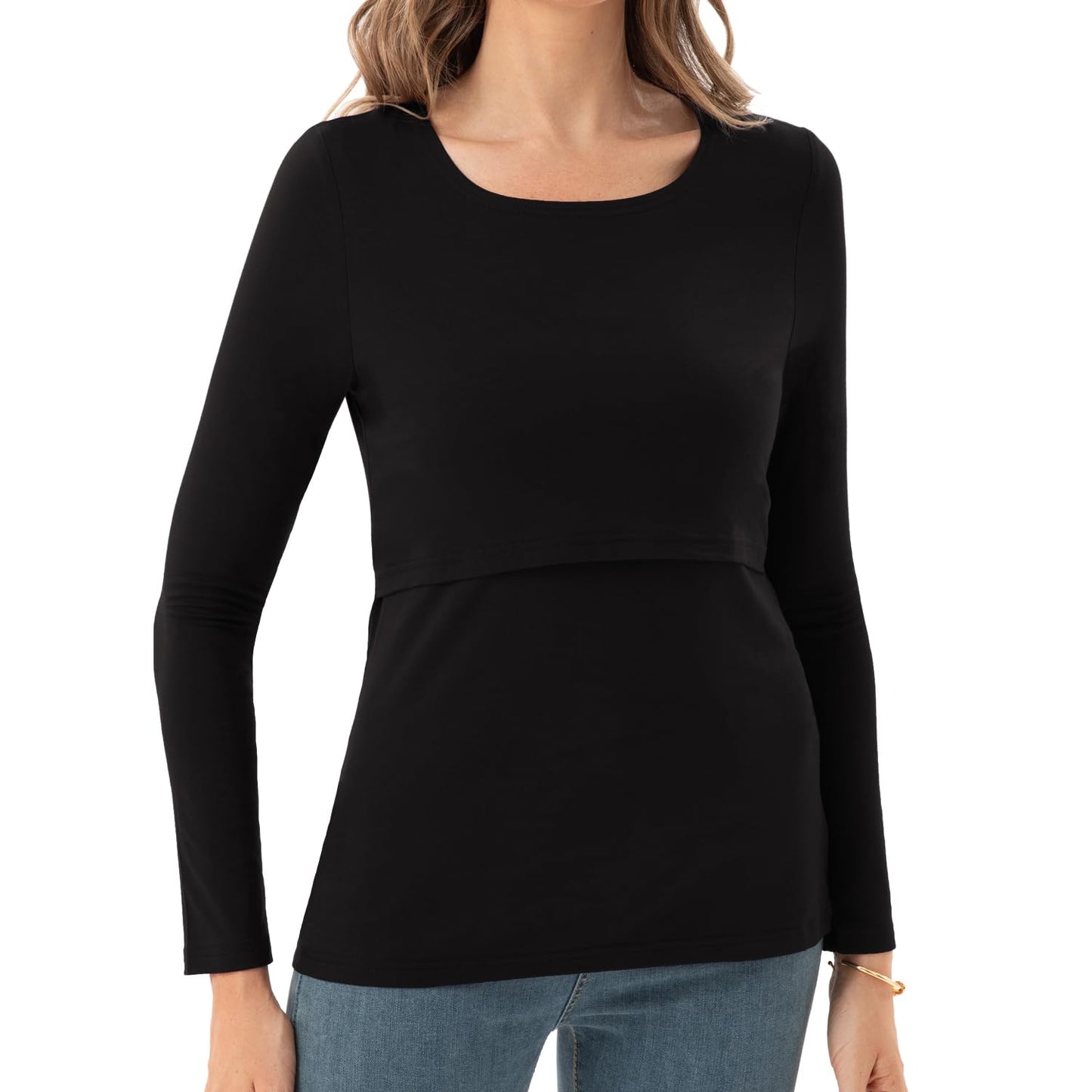 Bearsland Women's Nursing Shirt Long Sleeve Round Neck Breastfeeding Top, Black & Army Green & White Stripes, L