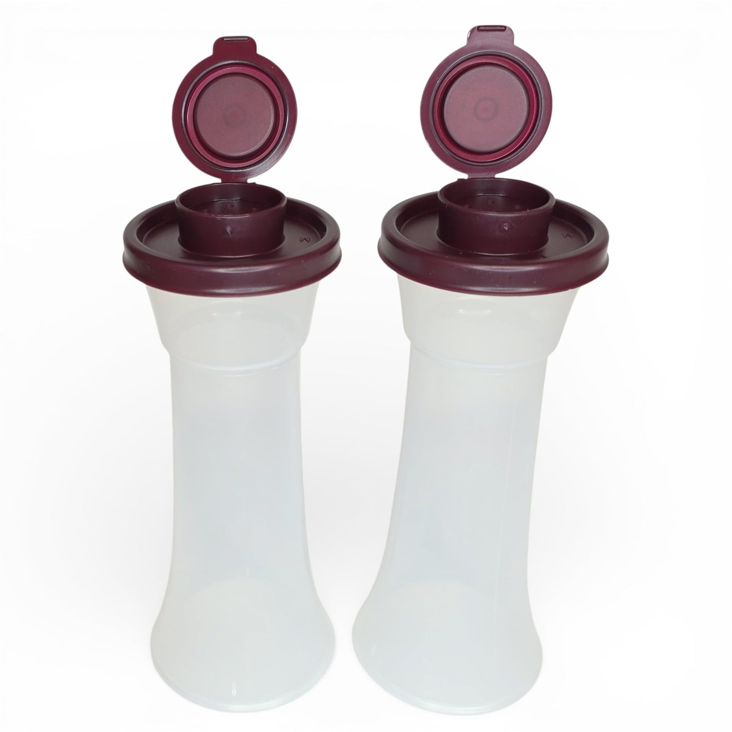 Tupperware Large Hourglass Salt and Pepper Shakers Clear Containers with Dark Vineyard Seals