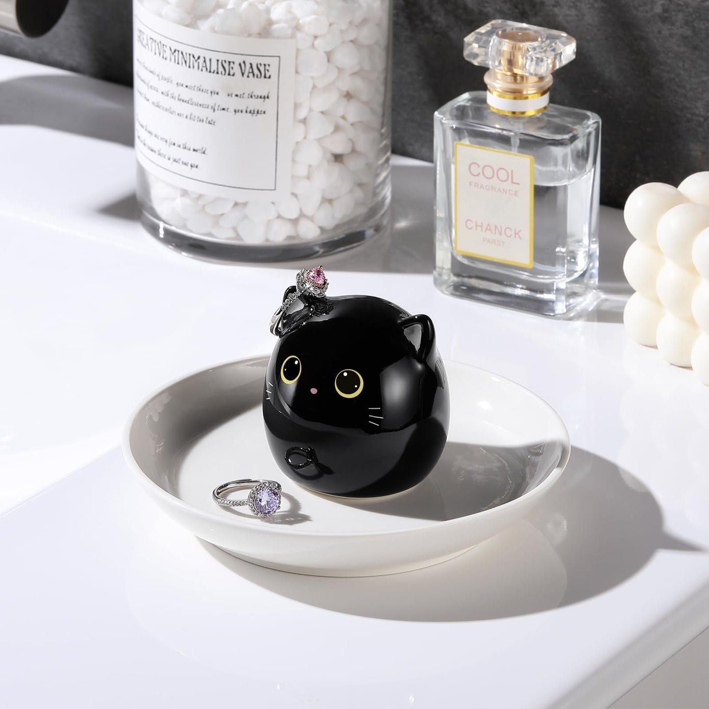 PUDDING CABIN Cat Lover Gifts for Women, Black Cat Ring Holder Dish for Jewelry Rings Earrings Necklace Watch Keys, Birthday Christmas Engagement Wedding Gifts