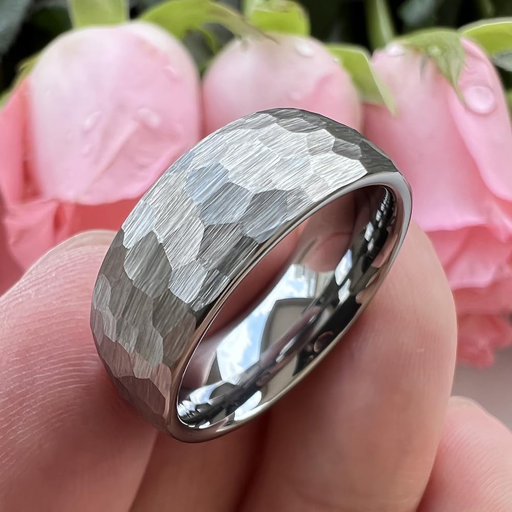 TUTISS 8mm Hammered Tungsten Carbide Rings for Men Women Engagement Wedding Bands Domed I Love You Engraved Comfort Fit Size 9
