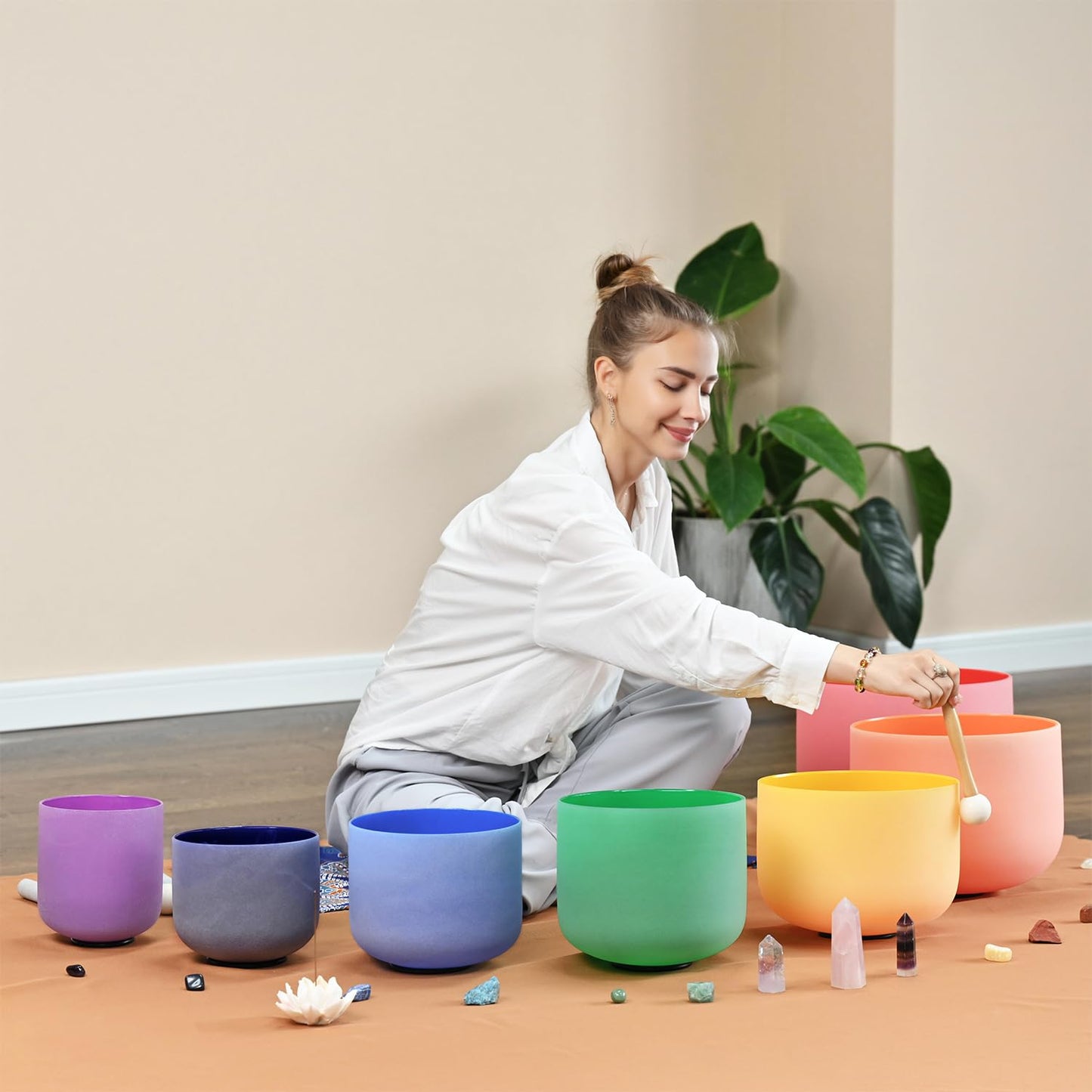 CVNC Set Of 7 PCS 440HZ 6-12 Inch Colored Frosted Chakra Quartz Crystal Singing Bowls Sound Healing Instrument with 2 PCS Travel Carry Case Bag for Meditation