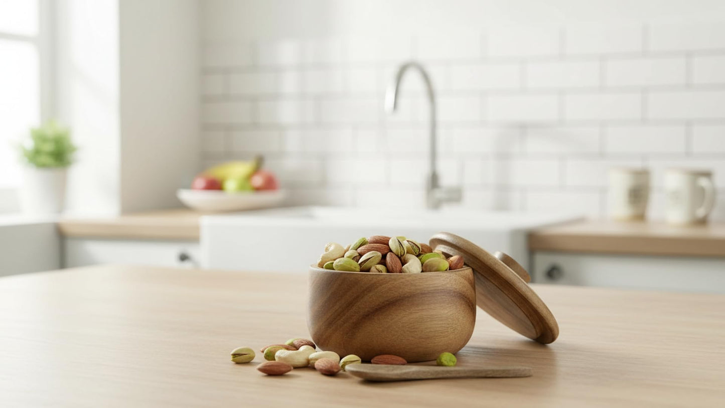 Decorative Rustic Wooden Sugar Bowl & Spoon With Lid Wide Mouth Candy Treat Jar Spice Jar Holder Condiment Nuts Serving Bowl Pot Salt Spice Herb Loose Leaf Tea Storage Container Novelty Home & Kitchen