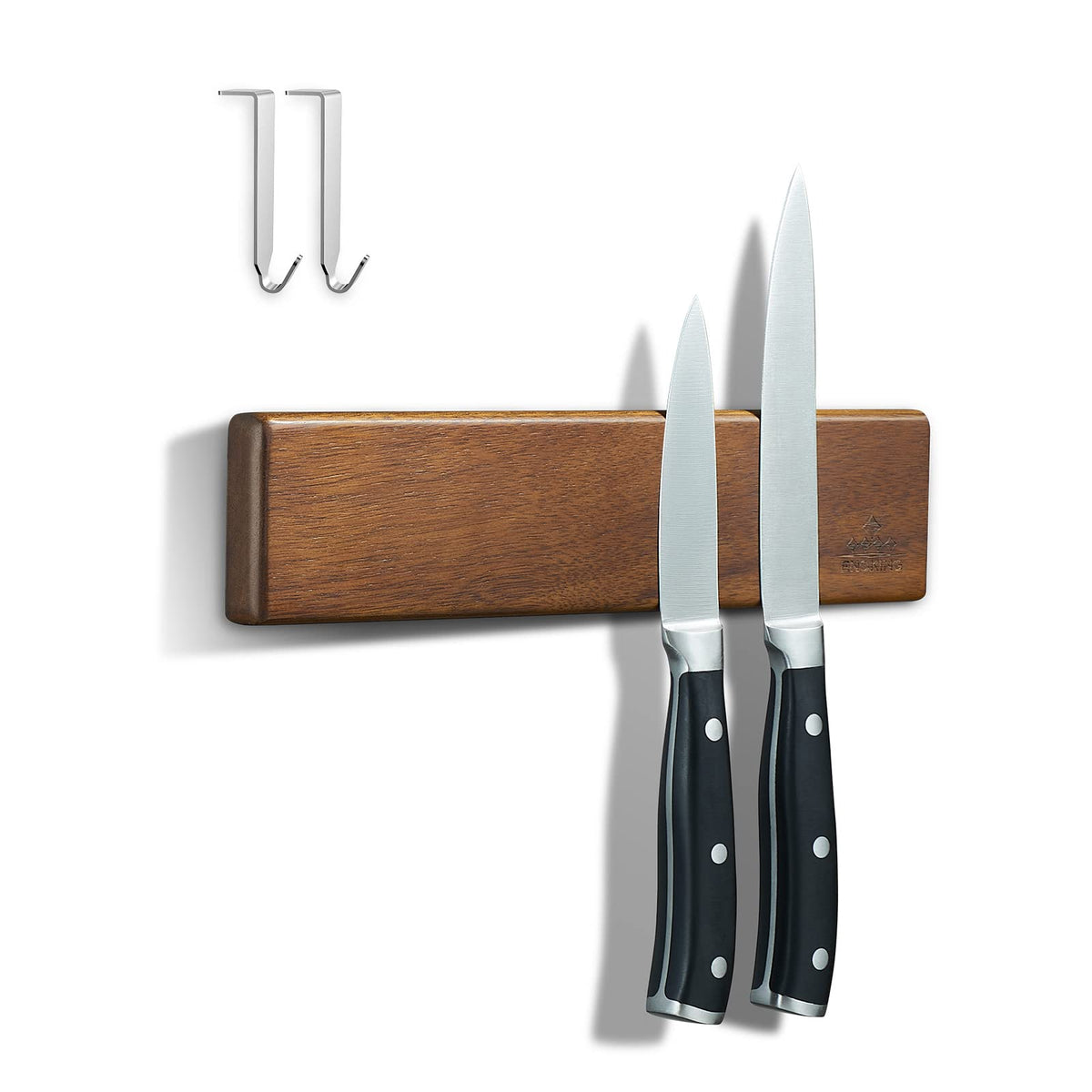 ENOKING 10Inch Magnetic Knife Holder for Refrigerator - Acacia Wood Knife Strip with Exquisite Gold-Foil Gift Box - Compact Knife Bar with 2 Hooks, No Drilling Solution