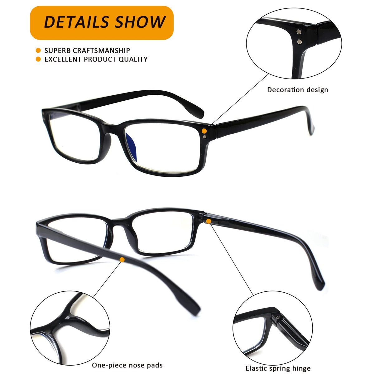 Kerecsen 6-Pack Reading Glasses Blue Light Blocking,Spring Hinge Readers for Men Women,Computer Eyeglasses (6 Black, 1.5, multiplier_x)