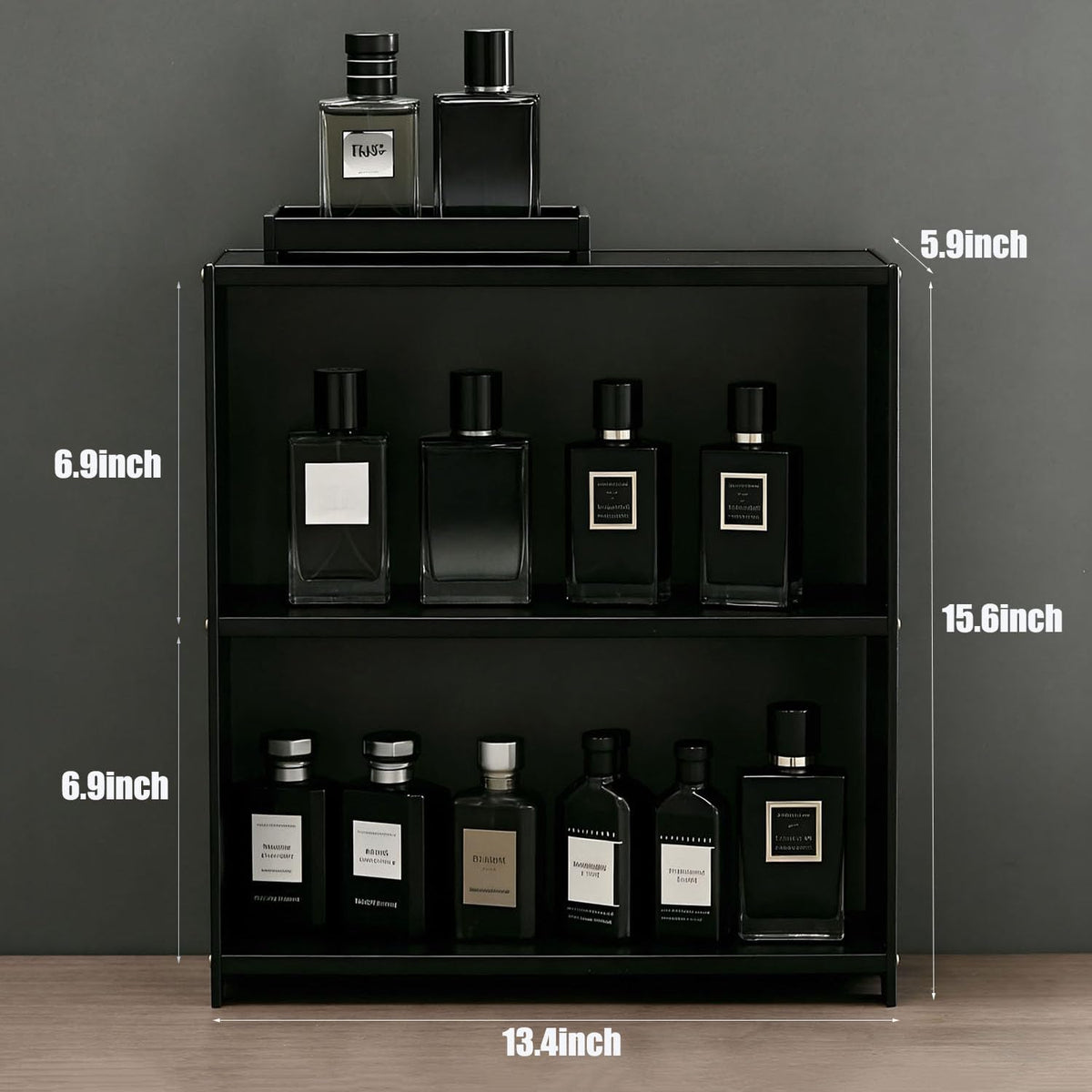 SANRETAHO Bamboo Cologne Organizer for Men, 3-Tier Perfume Organizer, Makeup Display Shelf for Vanity, Bathroom Counter Organizers and Storage Shelf, Black