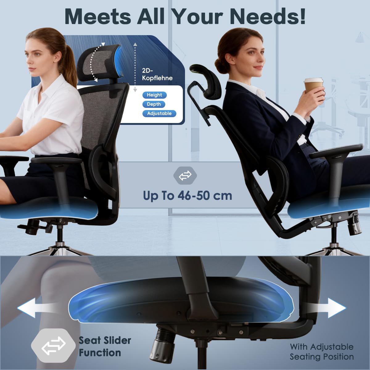 Jacia House Blue Ergonomic Mesh Home Office Chair, Big & Tall Gaming Chair - High-Adjustable Lumbar Support, 4D Armrests, 2D Headrest, 90°~135° Tilting with Lock, Swivel Desk Chairs 600lb Capacity