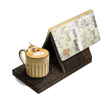 Wooden Triangle Book Stand Rest with Cup Holder, Short Book Holder Valet Shelf Table Desk Nightstand for Reading Display Lover Gifts (Charred Wood Color)