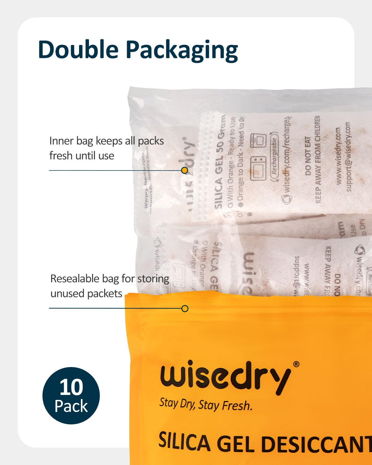 wisedry 50 Gram [10 Packs] Silica Gel Desiccant Sachets Microwave Fast Reactivate Desiccant Bags with Indicating Beads for Closet Gun Safes Bathroom Food Grade