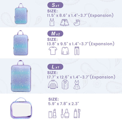 Cambond Compression Packing Cubes Travel - 5 Set Packing Cubes for Suitcases, Lightweight Expandable Luggage Organizers Space Saver Compression Cubes with Makeup Bag, White Blue Purple Gradient
