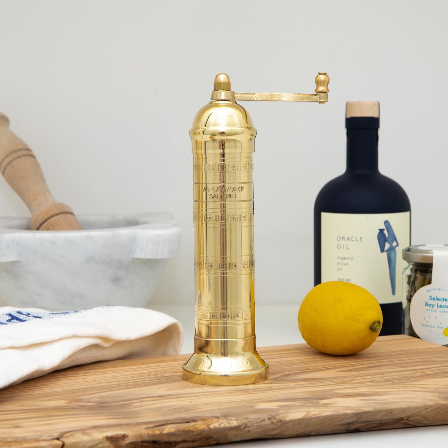Alexander Home Original Greek Salt Mill, 8-Inch Brass– European Manual Salt Grinder Refillable, with Polishing Cloth