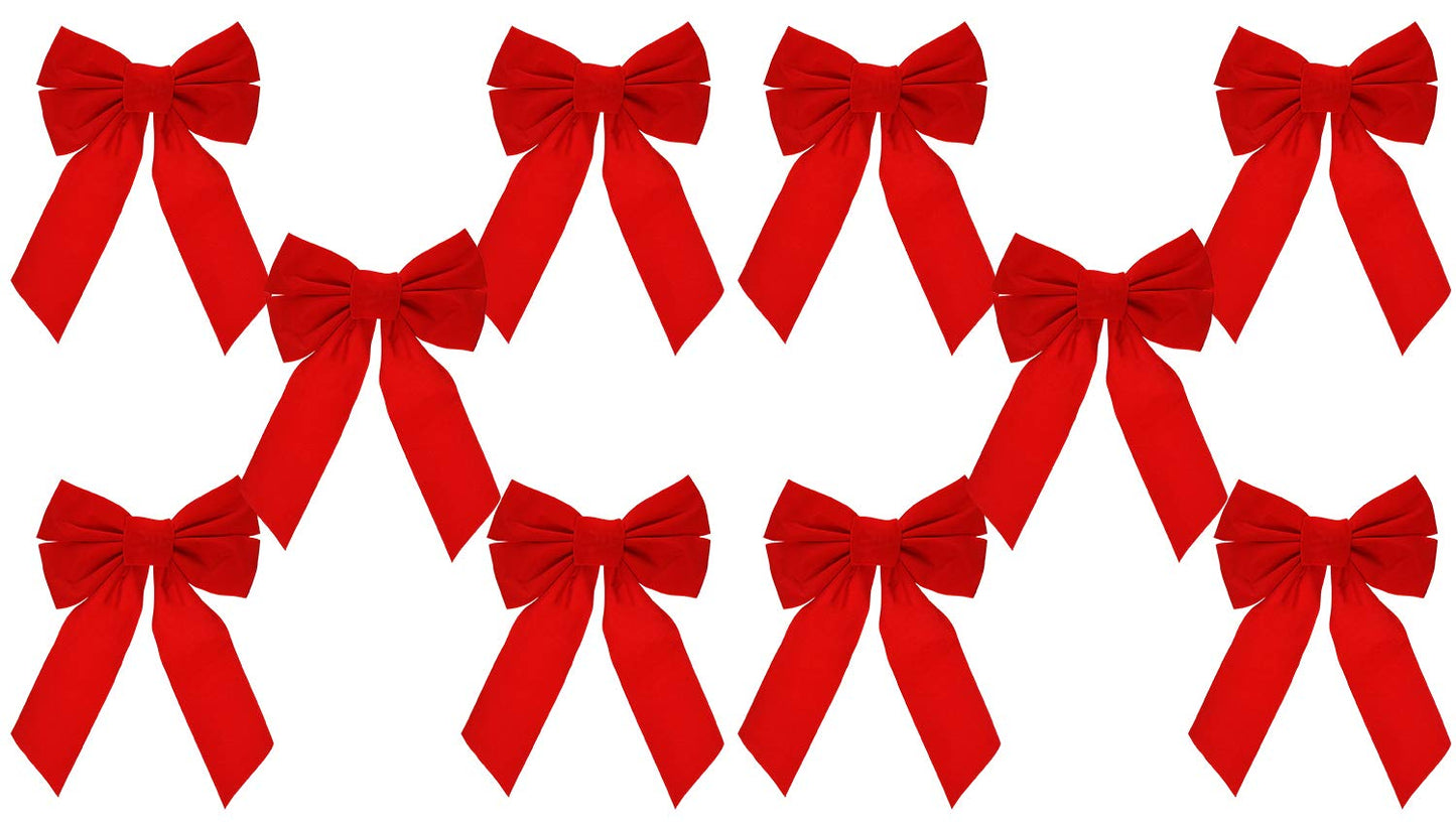 Set of 10 Red Velvet Christmas Wreath Bows, 9"x13" - For Garland, Gifts, Parties - Indoor/Outdoor Holiday Decor