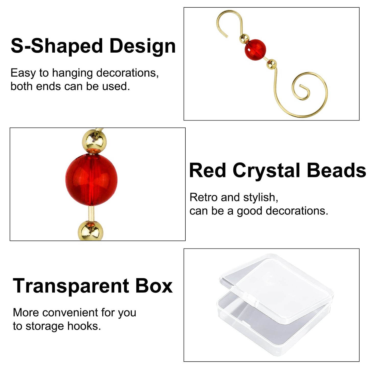 INCREWAY Wire Ornament Hooks, 30 Pcs Gold S-Shaped Christmas Tree Hanger Hooks Metal Decoration Hooks with Red Round Crystal Beads for Party, Home Decor (Gold Hook & Red Bead)