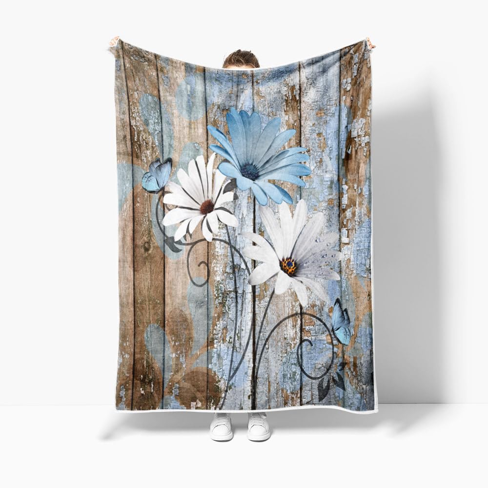 JAWO Farmhouse Flower Floral Throw Blanket, Rustic Blue Daisy Fleece Cozy Warm Bed Couch Blanket, Country Blue Brown Fleece Flannel Throws to Decorate the Room and Bedroom Warm Blanket 50X60IN