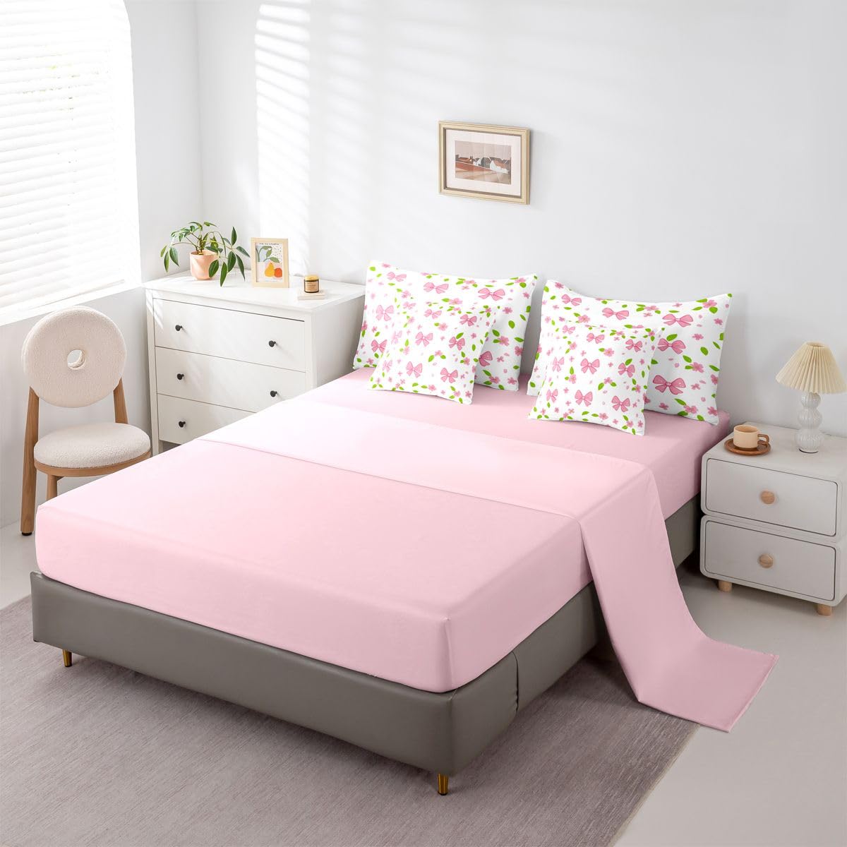 Erosebridal Pink Bow Knot Comforter Set Cherry Blossoms Bed in A Bag Queen Size 7 Pieces Pink Bow Tie Bed Set Room Decor Dreamy Kawaii Japanese Bedding with Sheets
