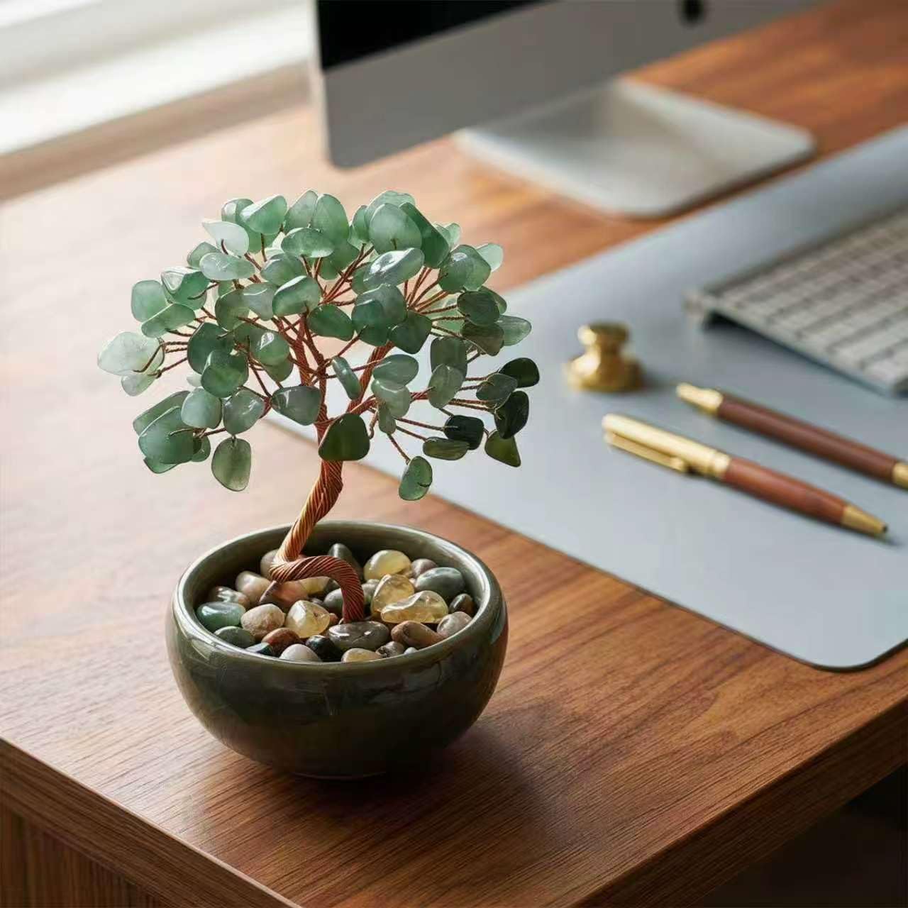 Green Aventurine Crystal Money Tree Bonsai for Entryway Wealth Corner Office Desk Store Front Decor